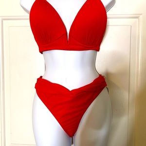 Shade&Shore Red Ribbed V-Wire Bikini Top 34DD Leilani Red ridge bikini bottom 12
